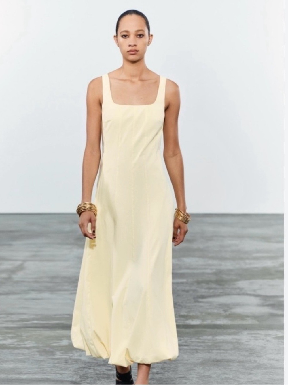 Zara Sleeveless Square-Neck Bubble Midi Dress in Butter Yellow